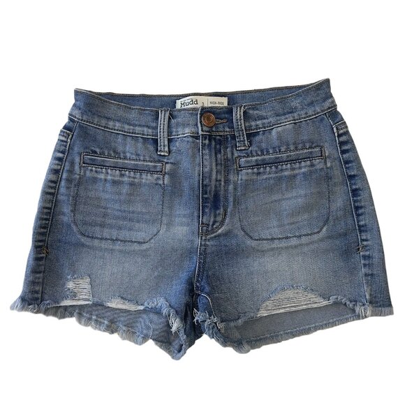 Mudd FLX Distressed Denim Jean Shortie Junior SZ 3 Blue Frayed Hem High Rise - Picture 10 of 10